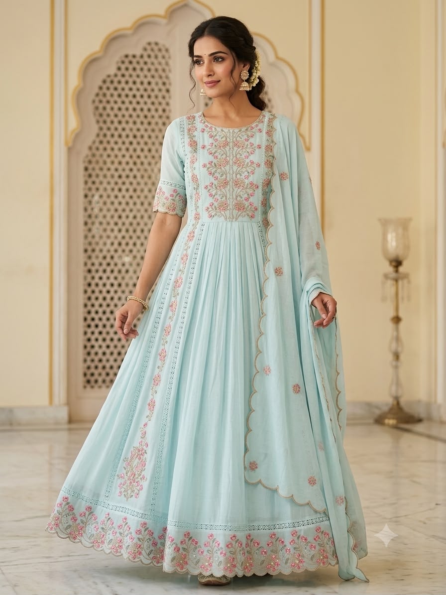Powder Blue Embroidered Malmal Cotton Frock Style Anarkali Set