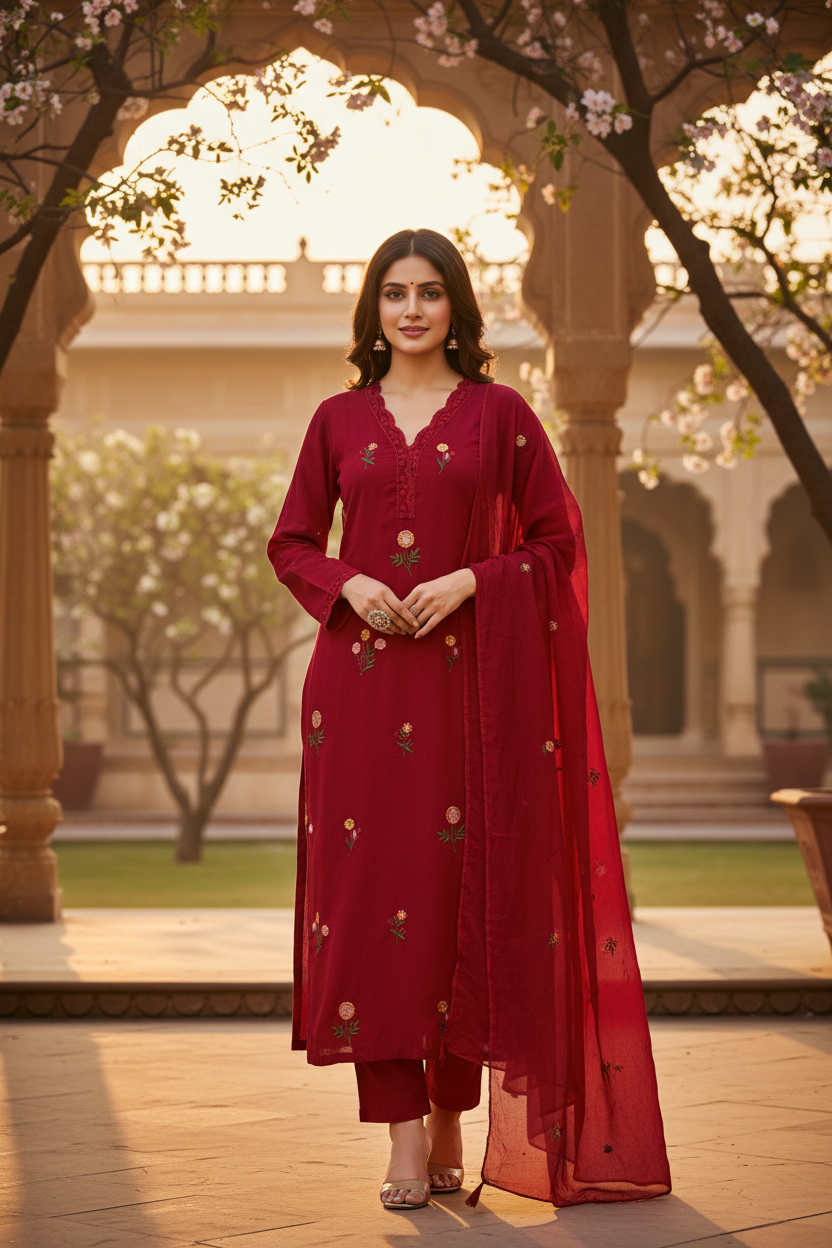 Model wearing Red Floral Embroidered Salwar Kameez