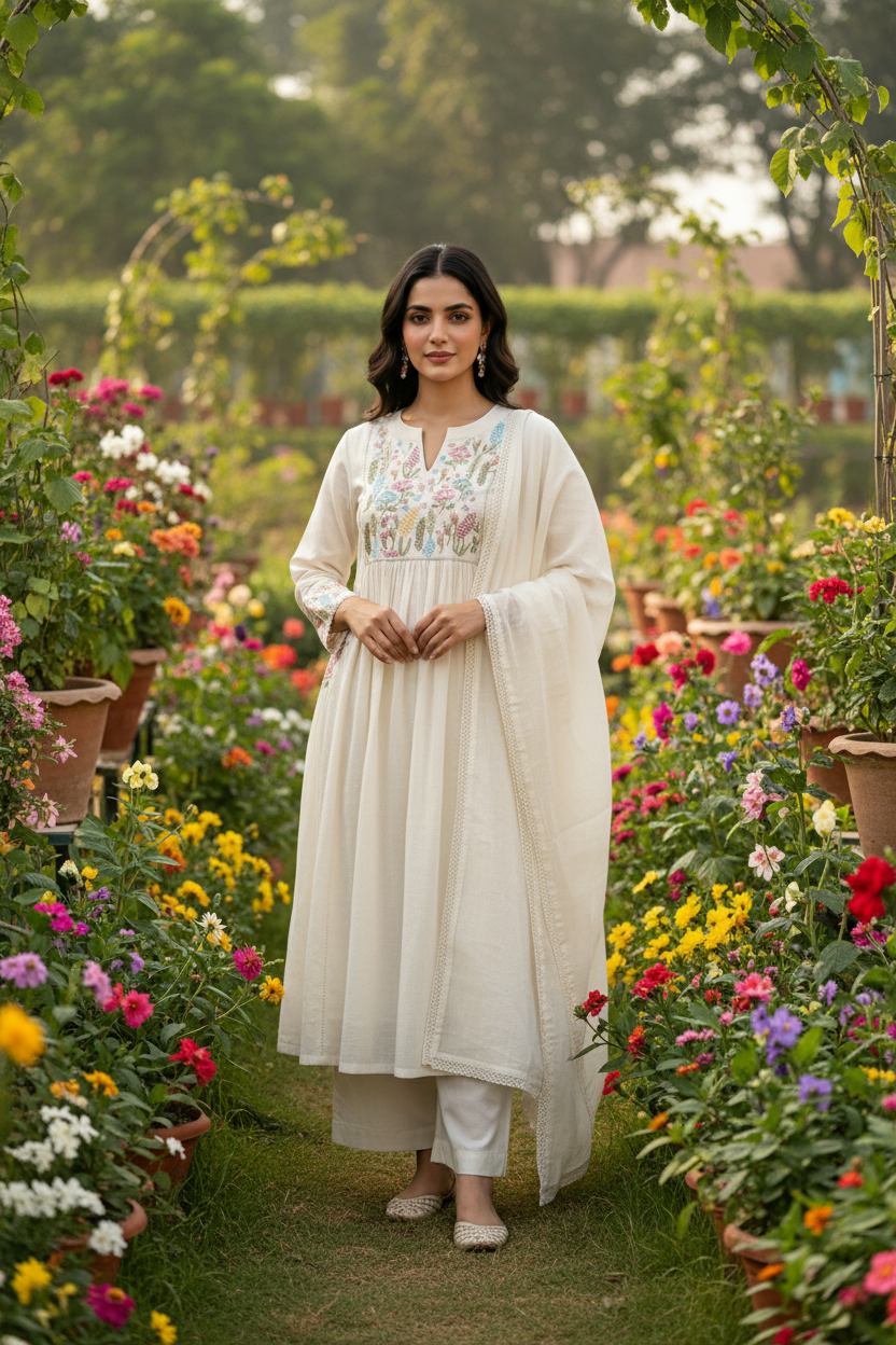 Off-White Anarkali - Garden