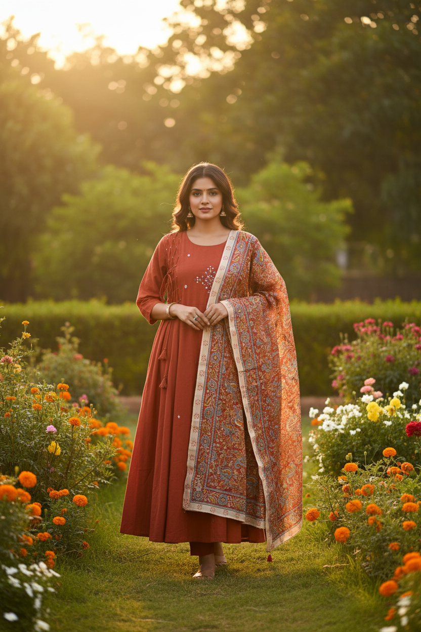 Rust Red Kalamkari Set - Garden