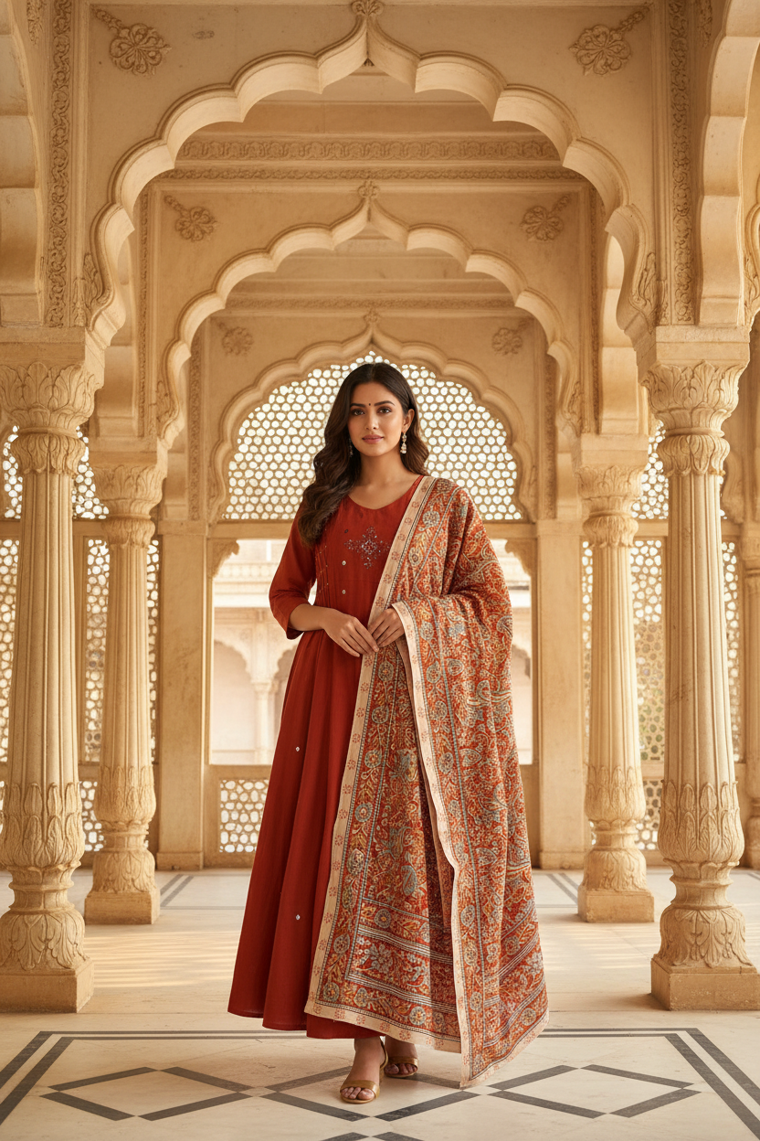 Rust Red Kalamkari Set - Mughal Palace