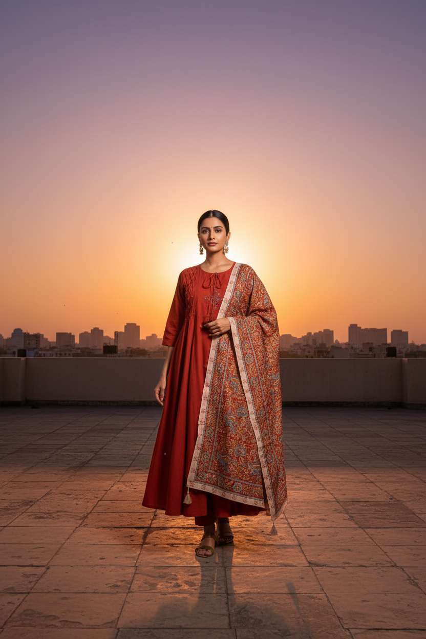 Rust Red Kalamkari Set - Rooftop