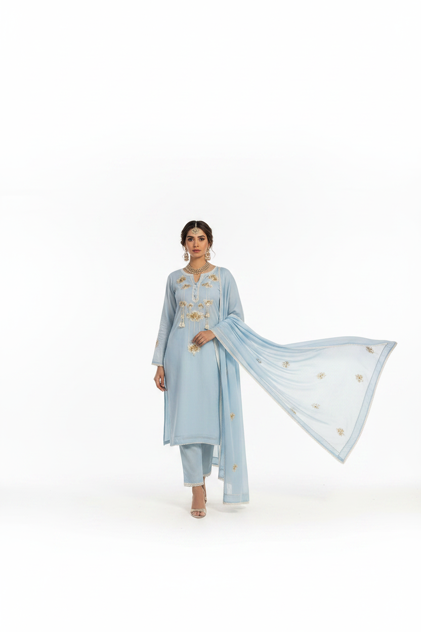 Sky Blue Gota Patti Suit - White Background