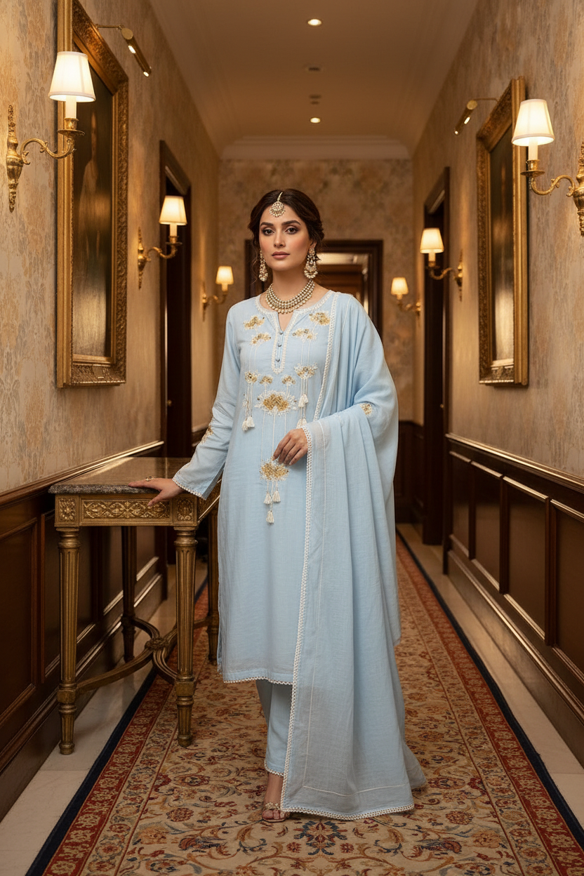 Sky Blue Kurta - Hotel Corridor