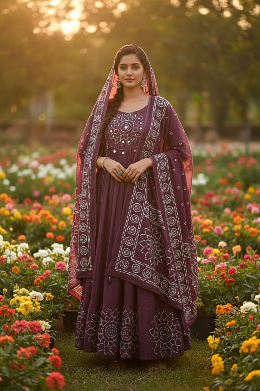 Wine Bandhani Anarkali - Garden