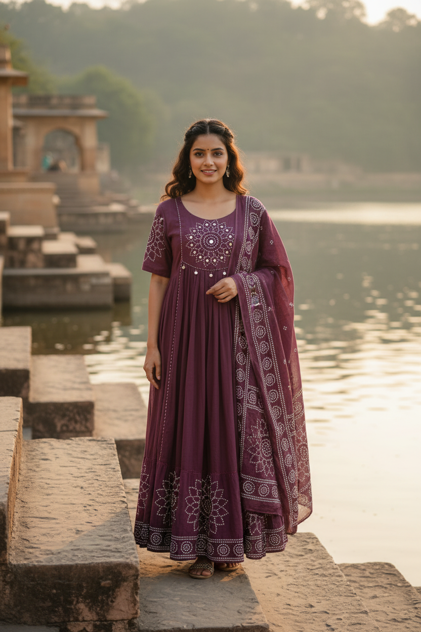 Wine Bandhani Anarkali - Lake Ghat