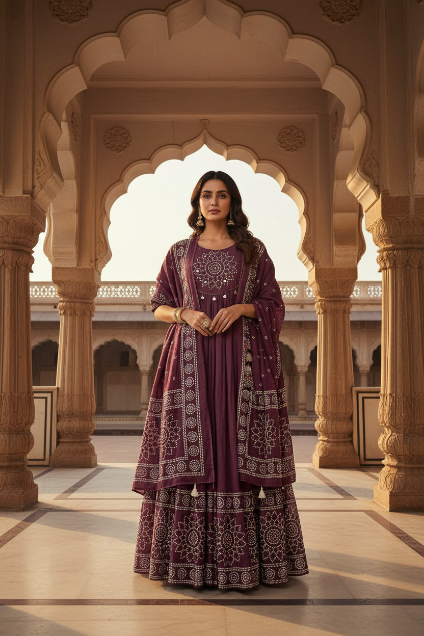Wine Bandhani Anarkali - Mughal Palace