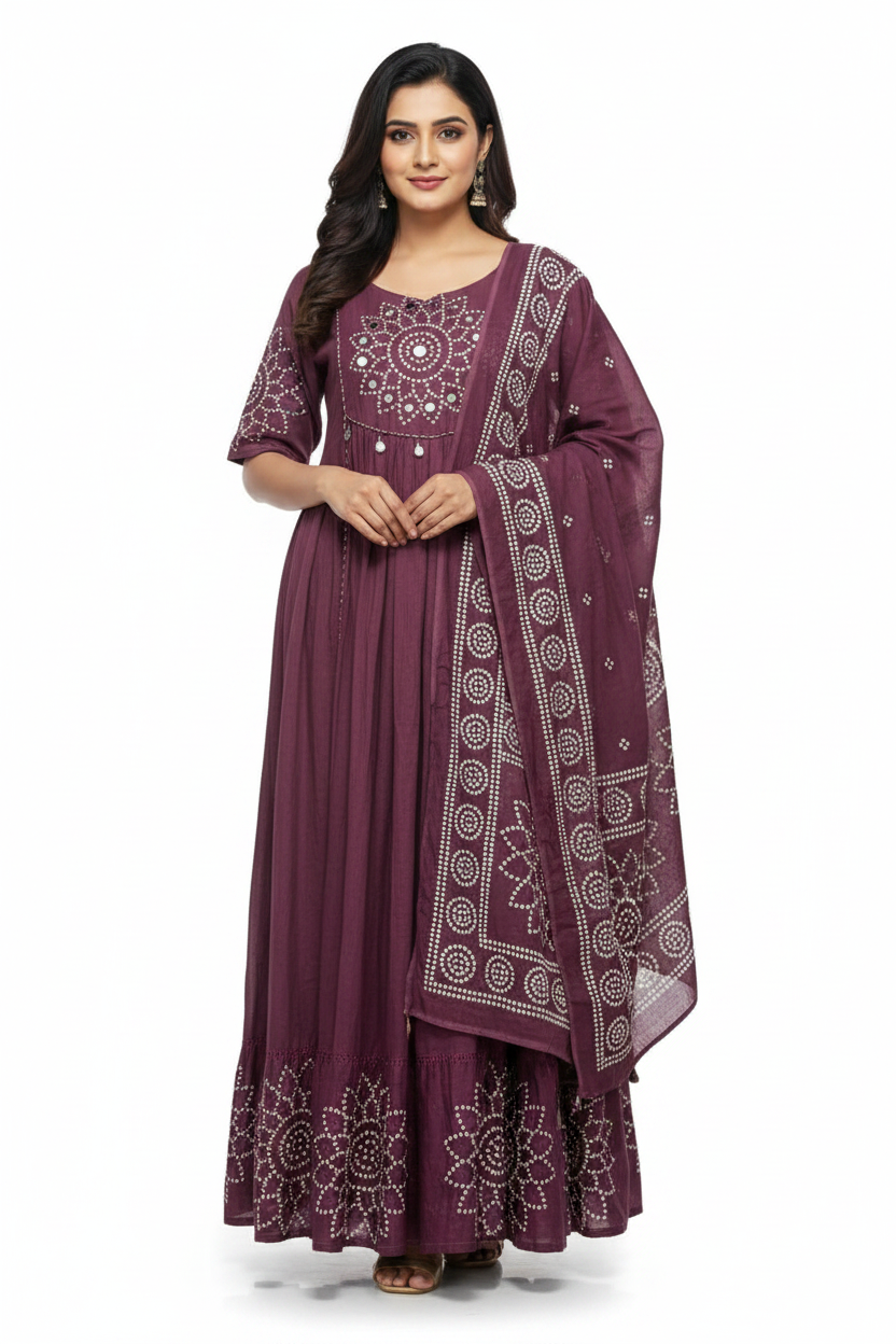 Wine Bandhani Anarkali - White Background